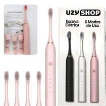 Escova Dental Elétrica Ultrassônica USB 6 Modos IPX7 Recarregável + 2 Refis Limpeza Profunda