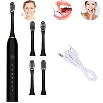 Escova Dental Oral Elétrica Com 4 Cabeças Ultra-Sônica Recarregável Carregamento USB Automática 6 Funções Cor Preta Escova Dental Oral Elétrica Com 4 Cabeças Ultra-Sônica Recarregável Carregamento USB Automática 6 Funções Cor Preta