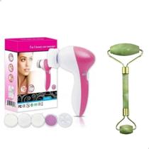 Escova Limpeza Facial 5 Em 1 E Rolo Pedra Jade Kit Skincare