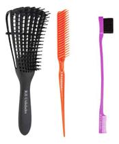 Escova Polvo + Pente 3 Fileiras + Pente Baby Hair Modelagem