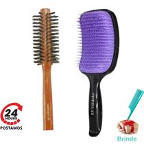 Escova Raquete Ergonômica + Escova Redonda Profissional Cerdas Javali e Nylon Para Modelar e Alisar