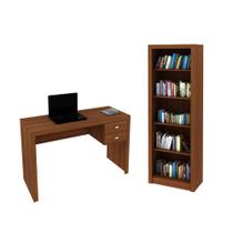 Escritório com Mesa para Computador 2 Gavetas Com Armário Prateleiras Portas Amendoa - FdECOR Escritório com Mesa para Computador 2 Gavetas Com Armário Prateleiras Portas Amendoa - FdECOR