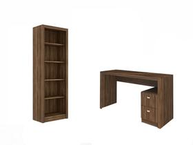 Escritório com Mesa para Computador 2 Gavetas Com Armário Prateleiras Portas Nogal - FdECOR