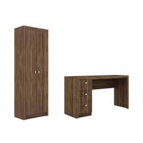 Escritório com Mesa para Computador c/ 3 Gavetas e Armário 2 portas Nogal - FdECOR Escritório com Mesa para Computador c/ 3 Gavetas e Armário 2 portas Nogal - FdECOR