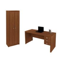 Escritório com Mesa para Computador e Armário 2 portas Amendoa - FdECOR Escritório com Mesa para Computador e Armário 2 portas Amendoa - FdECOR