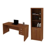 Escritório com Mesa para Computador e Armário c/ Prateleiras 2 portas Amendoa - FdECOR Escritório com Mesa para Computador e Armário c/ Prateleiras 2 portas Amendoa - FdECOR
