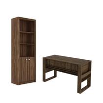 Escritório com Mesa para Computador Simples Chave Com Armário Pareteleira 2 Portas Nogal - FdECOR