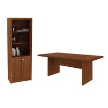 Escritório com Mesa para Computador Simples Com Armário Pareteleira 2 Portas Amendoa - FdECOR Escritório com Mesa para Computador Simples Com Armário Pareteleira 2 Portas Amendoa - FdECOR