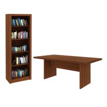 Escritório com Mesa para Computador Simples Com Armário Prateleiras Portas Amendoa - FdECOR Escritório com Mesa para Computador Simples Com Armário Prateleiras Portas Amendoa - FdECOR