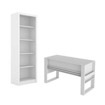 Escritório com Mesa para Computador Simples Com Armário Prateleiras Portas Branco - FdECOR Escritório com Mesa para Computador Simples Com Armário Prateleiras Portas Branco - FdECOR