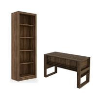Escritório com Mesa para Computador Simples Com Armário Prateleiras Portas Nogal - FdECOR Escritório com Mesa para Computador Simples Com Armário Prateleiras Portas Nogal - FdECOR