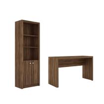 Escritório com Mesa para Computador Simples Gavetas Com Armário Pareteleira 2 Portas Nogal - FdECOR Escritório com Mesa para Computador Simples Gavetas Com Armário Pareteleira 2 Portas Nogal - FdECOR