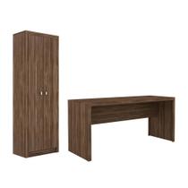 Escritório com Mesa para Computador Simples Gavetas e Armário 2 portas Nogal - FdECOR Escritório com Mesa para Computador Simples Gavetas e Armário 2 portas Nogal - FdECOR