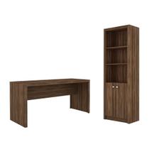 Escritório com Mesa para Computador Simples Gavetas e Armário c/ Prateleiras 2 portas Nogal - FdECOR Escritório com Mesa para Computador Simples Gavetas e Armário c/ Prateleiras 2 portas Nogal - FdECOR