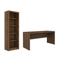 Escritório com Mesa para Computador Simples Gavetas e Armário Nogal - FdECOR Escritório com Mesa para Computador Simples Gavetas e Armário Nogal - FdECOR