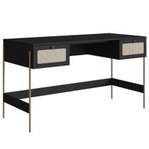 Escrivaninha 2 Gavetas Oslo Artesano 139 cm (largura) MDP Nero Palha Sintética Bege Pé Metal Dourado