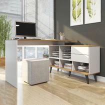 Escrivaninha com Estante Nicho 137x128 Cm 2 Gavetas Pés Retrô MDP Branco Carvalho 0747 MENU