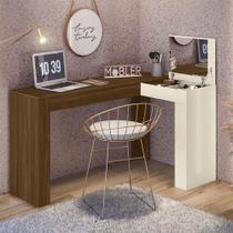 Escrivaninha De Canto Com Penteadeira Jade Com Nicho Espelho Porta Basculante Design Moderno - Freijo - Off White