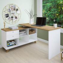 Escrivaninha Em L Com 2 Gavetas e 5 Nichos Artany Gold Cor Olmo com Branco Escrivaninha Em L Com 2 Gavetas e 5 Nichos Artany Gold Cor Olmo com Branco