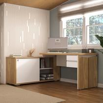 Escrivaninha em L Mesa Escritório com Porta de Correr e 2 Gavetas 168,5cm Olmo e Branco Artany