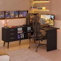 Escrivaninha Em L Mesa Para Computador Gamer 3 Gavetas Preto Lisboa Madesa