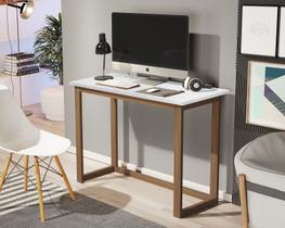 escrivaninha home office branca compacta quarto pés de madeira estilo cavalete