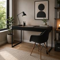 Escrivaninha Home Office Estilo Industrial Malta Preta 137x53cm Ferro Preto com 1 Poltrona Preta Eam