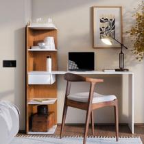 Escrivaninha Infinity Home Office Funcional Com Gaveta E Prateleiras Moderna Para Escritório E Estudo Branco Canela