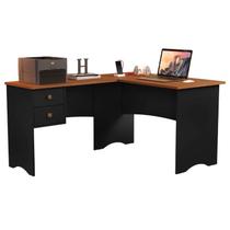 Escrivaninha mesa de computador em l de canto parise 2 gavetas tampo 18mm cor preta fosca com freijó