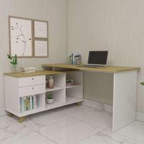 Escrivaninha Mesa Em L Para Home Office E Escritório 2 Gavetas E 5 Nichos Gold Artany Branco/Olmo