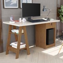 Escrivaninha Mesa Escritório Cavalete Bali 1 Gaveta 135cm Off White e Canela Bege