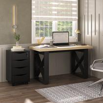 Escrivaninha Mesa Escritório com 135cm Tampo em Tamburato Pés em "x" com Gaveteiro Carvalho E Preto
