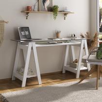 Escrivaninha Mesa Escritório com 2 Prateleiras 150cm Tampo de Vidro e Pés em Cavalete Elegante Branco