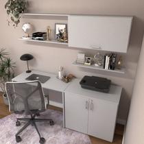 Escrivaninha Mesa Escritório com Armário Baixo e Aéreo com Chave Modular Conjuntocubos 170cm Cinza