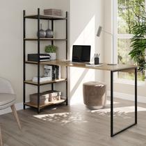 Escrivaninha Mesa Escritório com Estante Alice 5 Prateleiras 120cm Industrial Preto Fosco E Madeirado Elmo