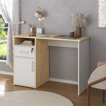 Escrivaninha Mesa Escritório Compacta Para Home Office Com Com Chave E Hall 1 Gaveta 1 Porta 1 Nicho 110cm Carvalho E Branco