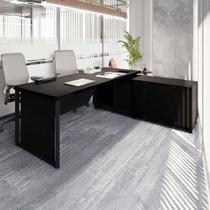 Escrivaninha Mesa Escritório Diretor em L com Armário Lateral e Caixa de Tomadas 3 Gavetas 180cm Corporate Preto Escrivaninha Mesa Escritório Diretor em L com Armário Lateral e Caixa de Tomadas 3 Gavetas 180cm Corporate Preto