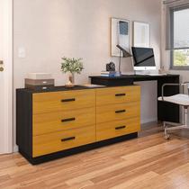 Escrivaninha Mesa Escritório em L com Cômoda Leonie 6 Gavetas 138cm Yescasa Preto E Amadeirado Freijó
