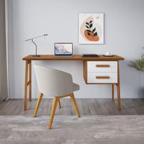 Escrivaninha Mesa Escritório Estruturada em 2 Gavetas 130cm Pés em Madeira Maciça Tampo em Lotus Cedro e Off White Marrom