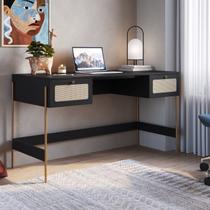 Escrivaninha Mesa Escritório Palhinha Pé Metal Oslo 2 Gavetas 139cm Nero Preto