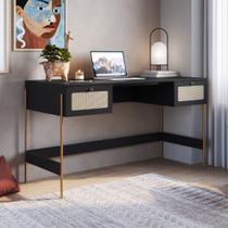 Escrivaninha oslo 2 gavetas palinha mdf hanover ou nero base metal dourada - artesano