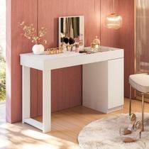 Escrivaninha Penteadeira Love Com Vidro De Correr Espelho Prateleira Design Moderno - Branco Fosco