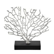 Escultura arvore da vida decor prata em metal com base preta