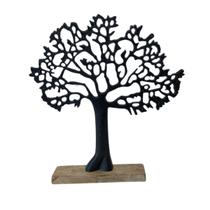 Escultura Árvore da Vida Decorativa em Metal Preto com Base de Madeira Média 31x29 cm