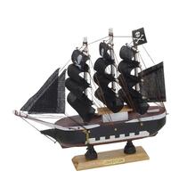 Escultura barco em madeira e tecido preto e branco 18cm