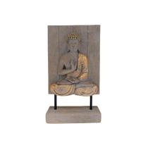 ESCULTURA BUDA SENTADO PLACA EM RESINA MARROM E DOURADO 40cm