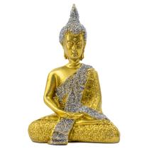 Escultura Buda Tibetano Meditando 12cm Prata e Dourado Resina