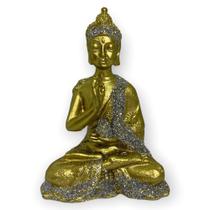Escultura Buda Tibetano Sentado Meditando 9 Cm Prata Dourado