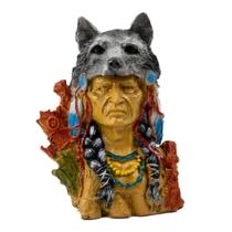 Escultura Busto Índio Cacique Lobo Cabeça 16 Cm em Resina