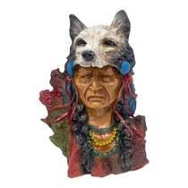 Escultura Busto Índio Cacique Lobo Cabeça 16 Cm Em Resina